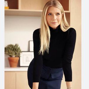Goop G Label Gwenyth Paltrow Black Cashmere Turtleneck Sweater 3/4 Sleeve Size M